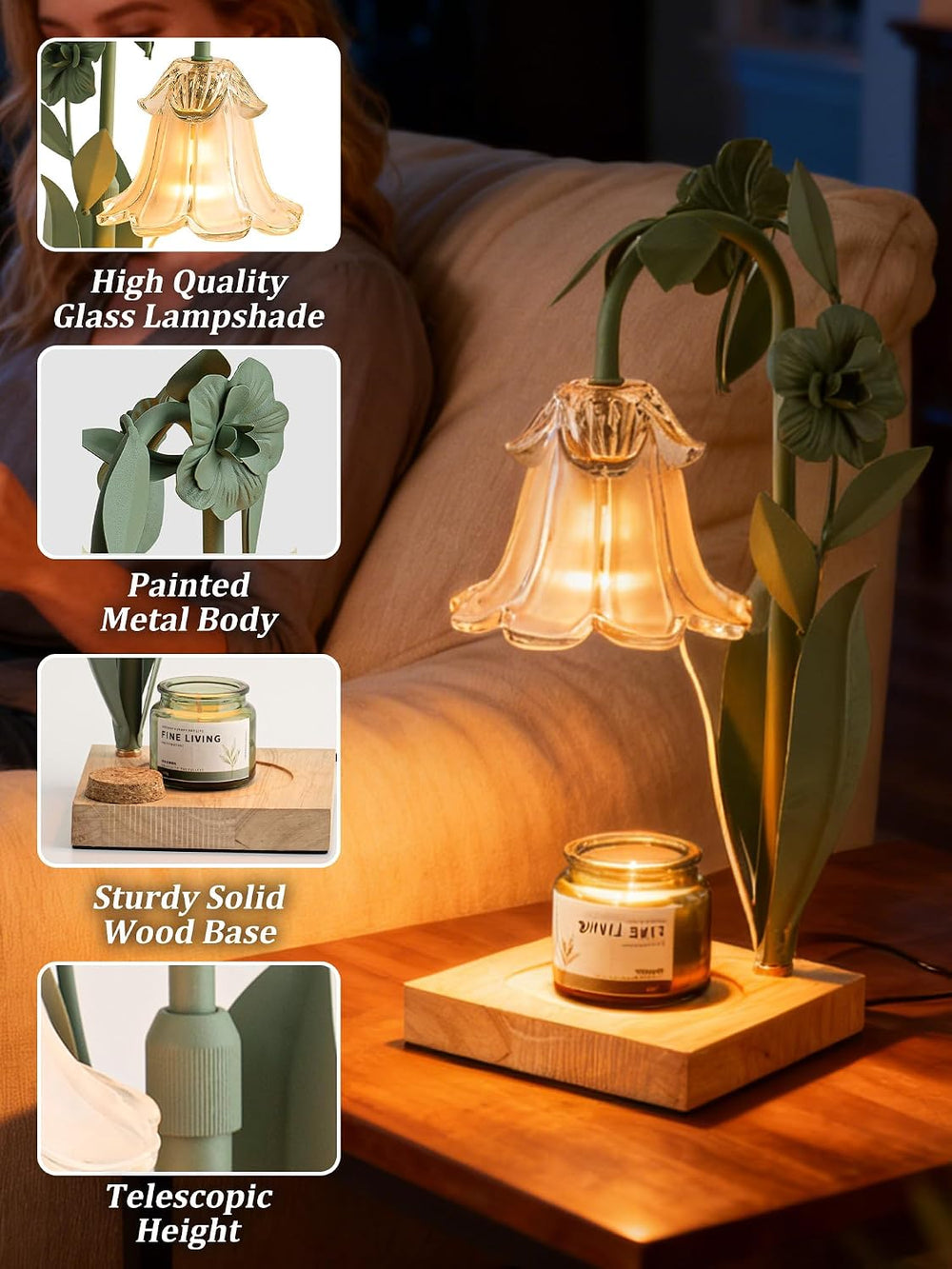 Candle Warmer Lamp with Timer Dimmer, Adjustable Height Flower Candle Lamp Wa...