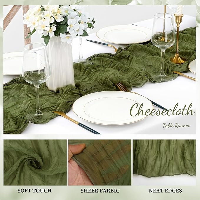 12 Pack Olive Green 10FT Cheesecloth Table Runner Rustic Gauze Cheese Cloth Table Runner for Wedding Bridal Baby Shower Table Decorations Boho Fabric Sheer Birthday Party Decor 20 x 120 Inch Long