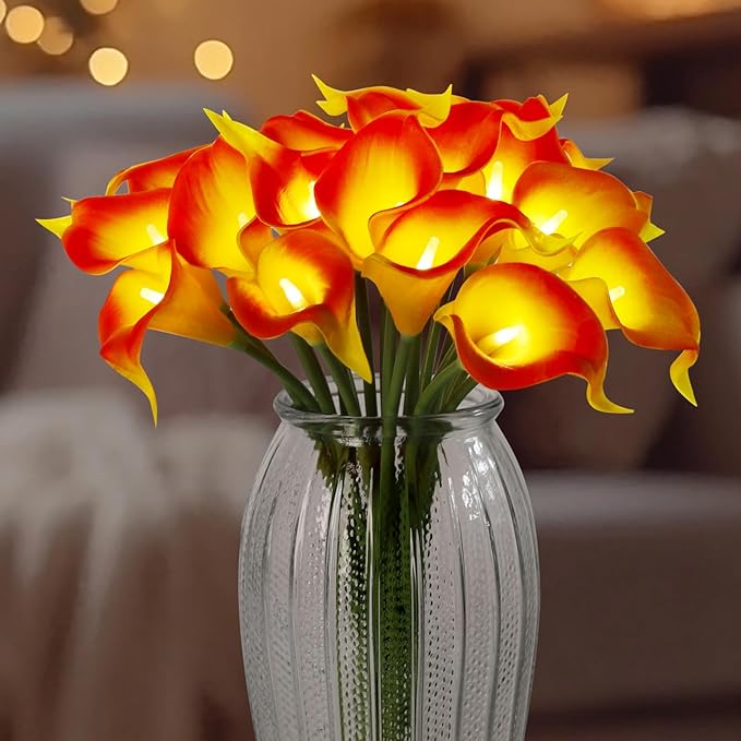 20pcs Artificial Calla Lily Bouquet Lamp Faux Floarl Night Light Real Touch Flower Night Lamp LED Calla Lily Artificial Flower Light for Christmas Gifts Home Kitchen Decor(Orange)