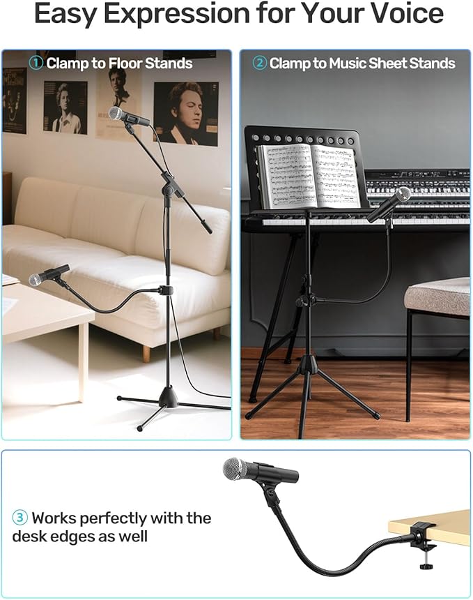 19-inch Gooseneck Microphone Holder Stand, Flexible Mic Arm with Super Crab Clamp for Mic Stand/Desk/Rod/Pole/Stick/Shelf/Tube Clamping, Ideal for Music Stand, Piano, Drum Recording