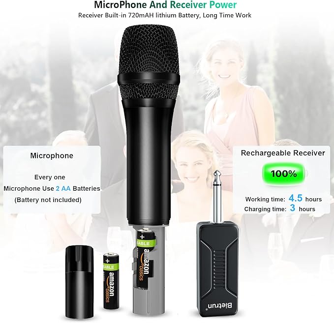 Wireless Microphone, Bietrun UHF Metal Dual Handheld Cordless Dynamic Mic System with Rechargeable Receiver, 1/4‘’Output, for Karaoke, Church, Speech, Wedding, Party Singing(160 ft Range)-Auto Connect