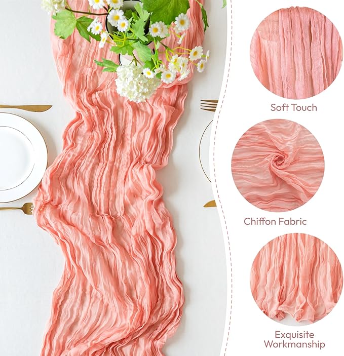 Sioloc 5 Pack Peach Coral Cheesecloth Table Runner Fall Autumn Decor for Home 10ft Table Cloth for Tea Wedding Birthday Party Baby Bridal Shower Halloween Thanksgiving