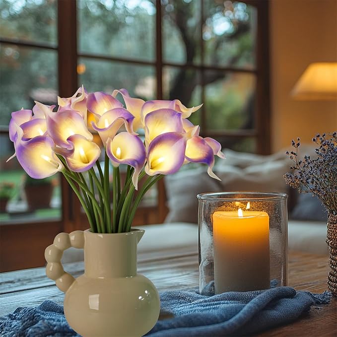 20pcs Artificial Calla Lily Bouquet Lamp Faux Floarl Night Light Real Touch Flower Night Lamp LED Calla Lily Lighted Artificial Flower for Her Gifts Home Kitchen Decor(Light Purple)