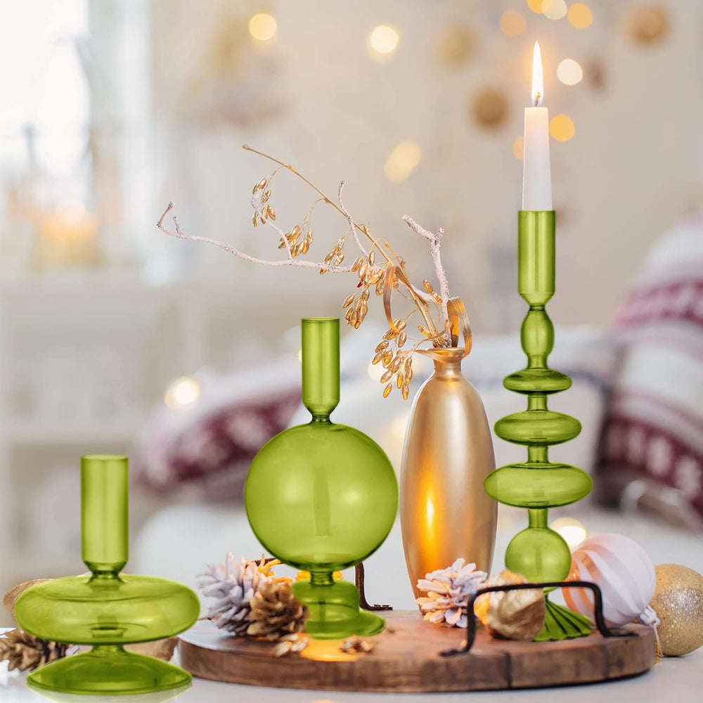 Rtteri 3 Pcs Glass Candle Holder Candlesticks Holders, Green