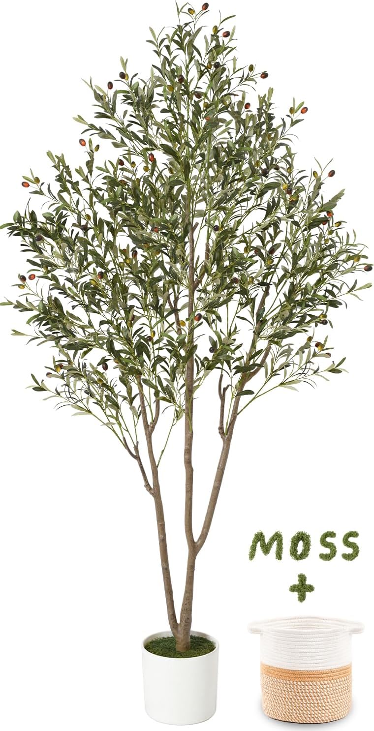 7FT Olive Trees Artificial Indoor with Planter&Basket, Tall Faux Olive Tree