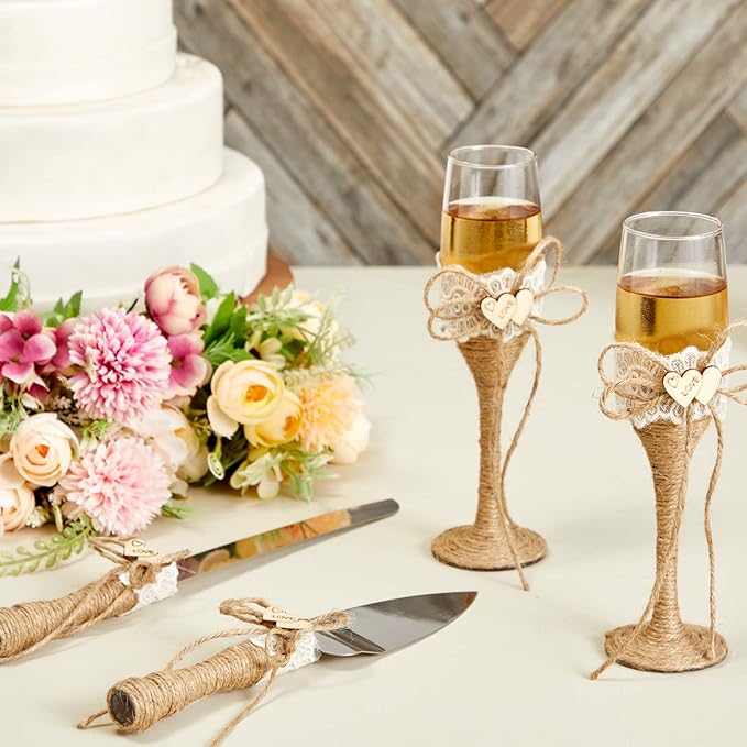 Juvale Wedding Decor Rustic Cake Knife & Server Set with Champagne Flutes - Brown Wood Handles, 13.2in Knife & 11in Server, 7.1oz Flutes - Rustic Wedding Decorations