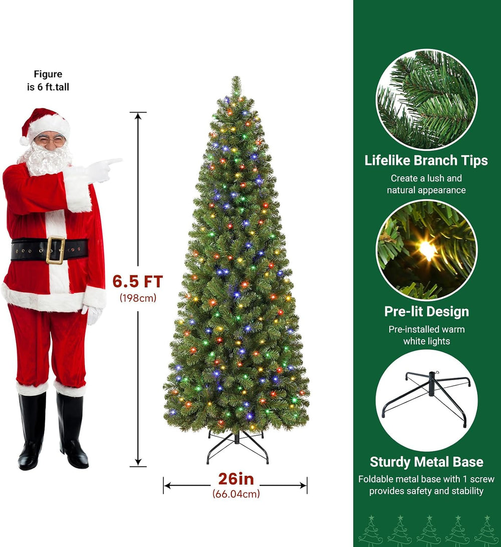SHareconn 6.5ft Prelit Pencil Hinged Christmas Tree with Multi-Color Lights
