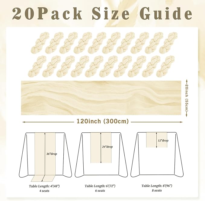 10FT 20 Pack Beige Cheesecloth Table Runner 20 x 120 Inch Long Rustic Gauze Fabric Cheese Cloth Table Runner for Wedding Bridal Baby Shower Table Decorations Boho Sheer Birthday Party Table Decor