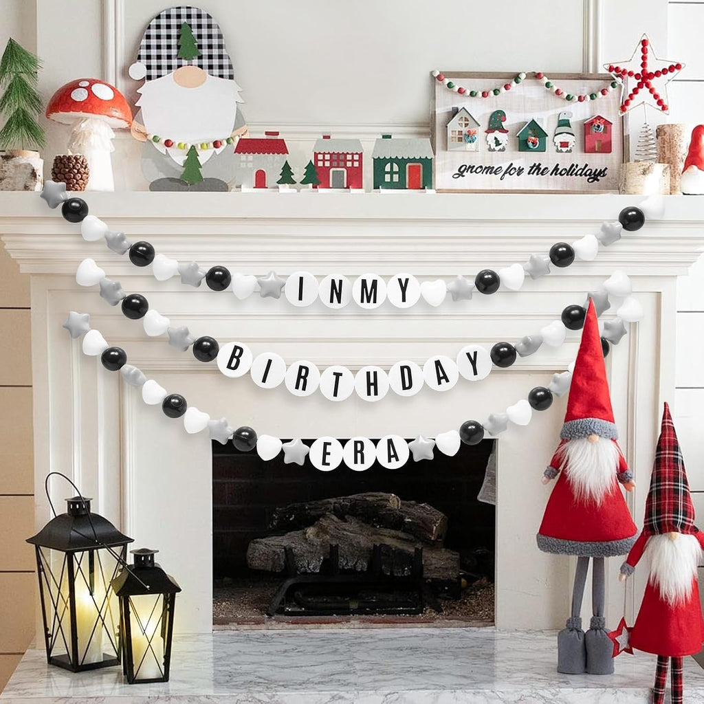 DIY Giant Friendship Bracelet Birthday Garland Kit with Letters Ball Customizable Banner for Christmas Wedding Kpop New Year Party Decorations Ball Plastic Balls Stars DIY Supplies(Black/Gray/White)