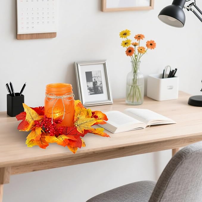 Fall Mason Jar Centerpieces for Tables – Thanksgiving Table Decorations with Autumn Leaves & Berries, Autumn Candle Holder Wreath Rings, Fall Taper Candle Rings for Dining Table
