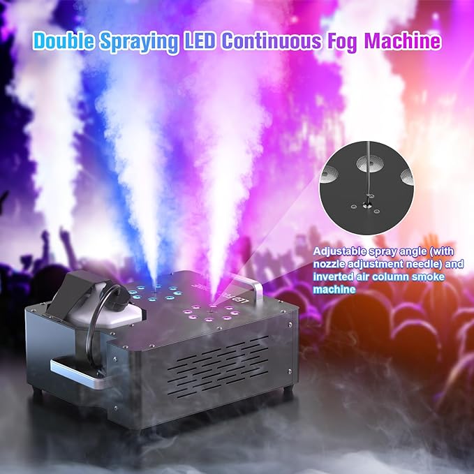 2000W Professional Fog Machine Dual Nozzle with 16 RGB LED, DMX Control Adjustable Smoke Direction, 2.5L Tank LCD Display 30000CFM for Halloween Christmas Stage DJ Party Club Events