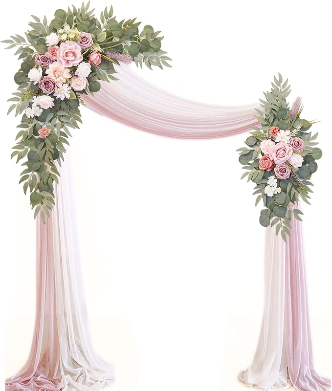 Artificial Wedding Arch Flowers Kit(Pack of 4),2Pcs Artificial Flower Arch Decor, 2Pcs Chiffon Fabric Drapes, Ceremony Decoration, Floral Outdoor Party Decor (Dusty Rose & Champagne)