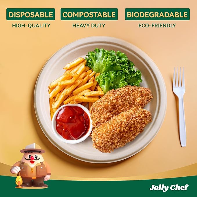 JOLLY CHEF Compostable Heavy Duty Plates 𝟭𝟬 𝗜𝗻𝗰𝗵 [𝟯𝟬𝟬 𝗣𝗮𝗰𝗸] Eco-Friendly Disposable Paper Plates Made of Bagasse Biodegradable Bulk for Party Dinner Sugarcane Fibers Round (Natural) (300 Pack)