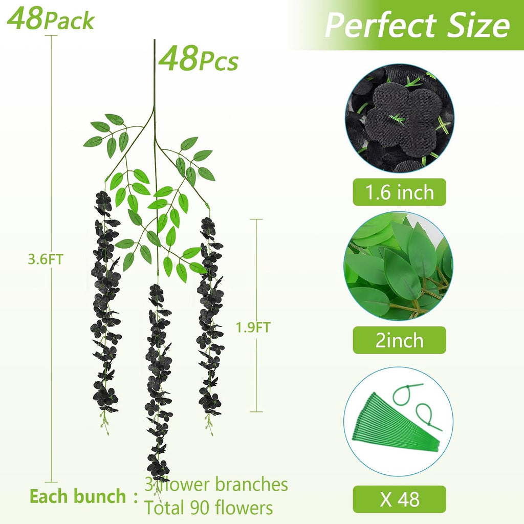 48Pcs Wisteria Hanging Flowers, Black Artificial Flowers
