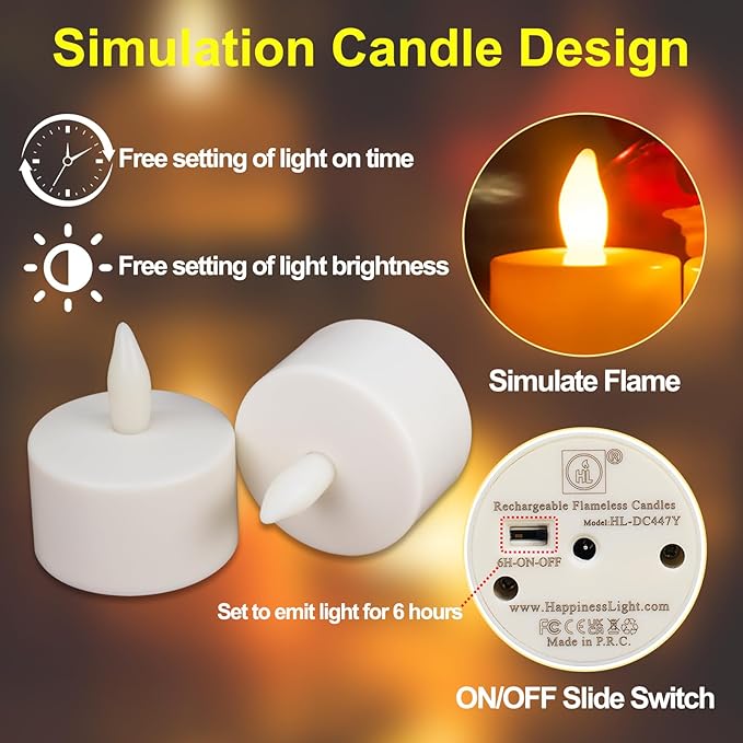 HL Flameless Candles with Remote & Charging Base,6pcs 50+Hours Rechargeable Battery Operated Tea Lights Timer Candles, LED Votive TeaLights Yellow Light for Halloween Christmas Table Centerpiece