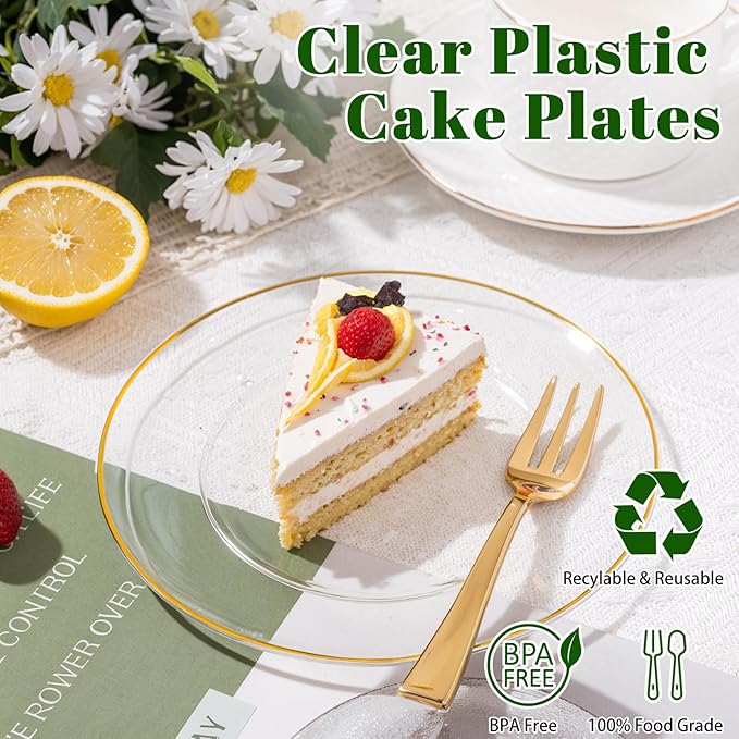 Festiva 200Pcs Clear Plastic Dessert Plates Disposable 6.3" with Plastic Forks 5" - Small Clear Plates-Dessert/Cake/Appetizer Plates for Thanksgiving/Christmas Party & Wedding - Serve for 100Guests