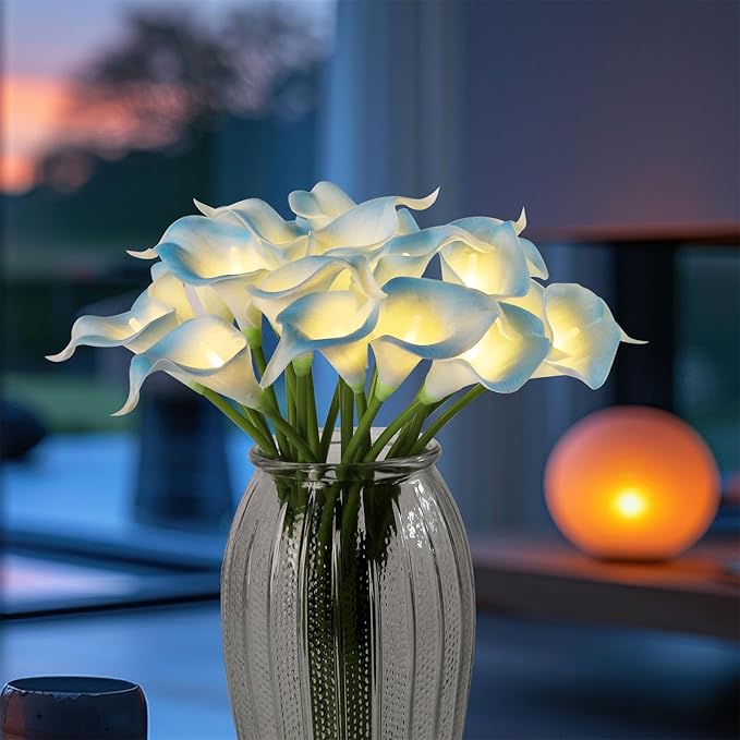 20pcs Artificial Calla Lily Bouquet Lamp Faux Floarl Night Light Real Touch Flower Night Lamp LED Calla Lily Lighted Artificial Flower for Her Gifts Home Kitchen Decor(Light Blue)