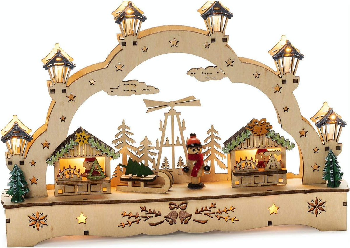 Konstsmide Wooden Silhouette Christmas Market Scene : Battery : LED : 27.5cm
