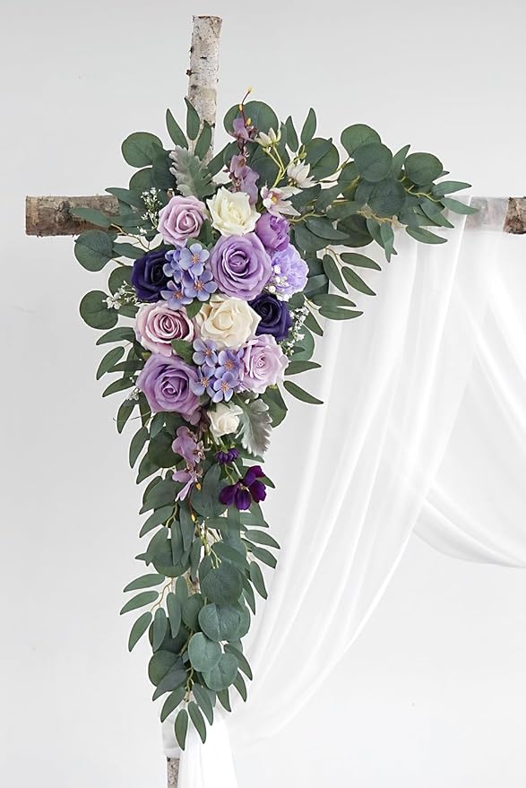 Lilac Artificial Wedding Arch Flowers Kit (Pack of 3) with 26Ft White Shiny Arch Draping Fabric for DIY Wedding Party Ceremony Reception Backdrop Floral Decoration