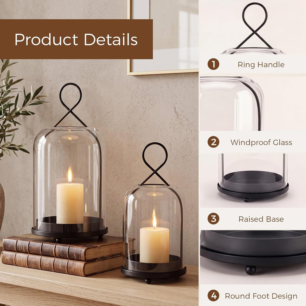 Hurricane Glass Candle Holders Set of 2 Black Hanging Pillar Candle Lantern