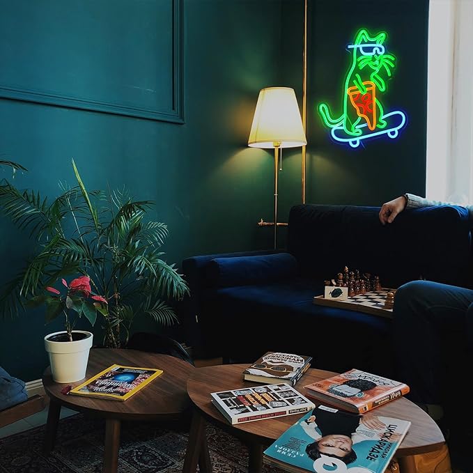 Skateboard Cat Neon Sign LED Cool Glasses Cat Neon Light for Wall Decor Pizza Neon Light Sign Dimmable USB Cat Pizza Light Up Sign for Bedroom Pizza Restaurant Pet Shop Gift (16.7 "*12.2 ")