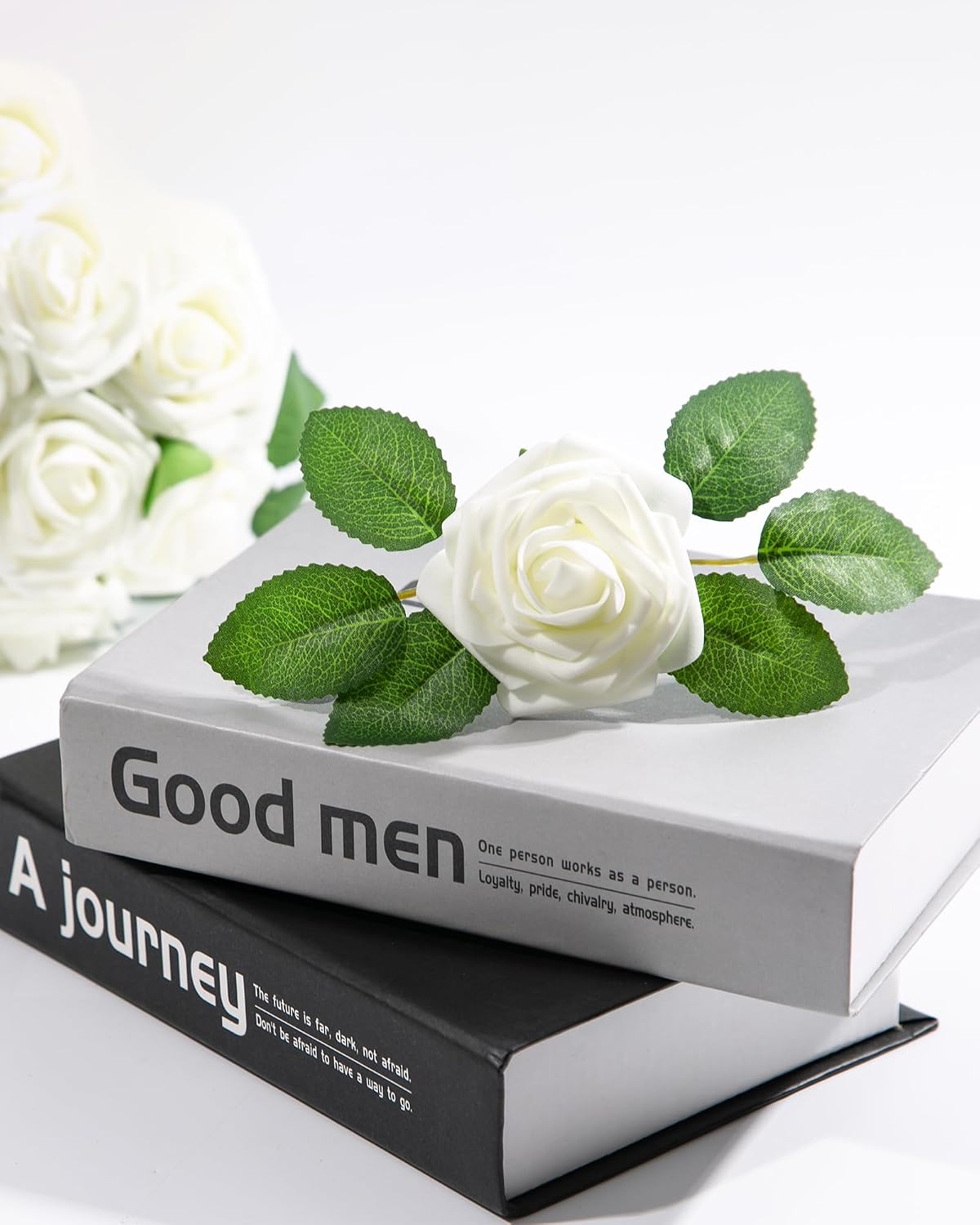 100Pcs Artificial Flowers Real Looking Ivory White Foam Fake Roses w/ Stems