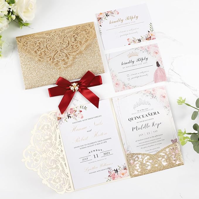 25pcs Gold Glitter Laser Cut Invitations Tri-Fold Blank Personalized Wedding Invitations Pocket With Envelopes and Rsvp Cards for Wedding Bridal Shower Quinceanera 15 Anos Invite