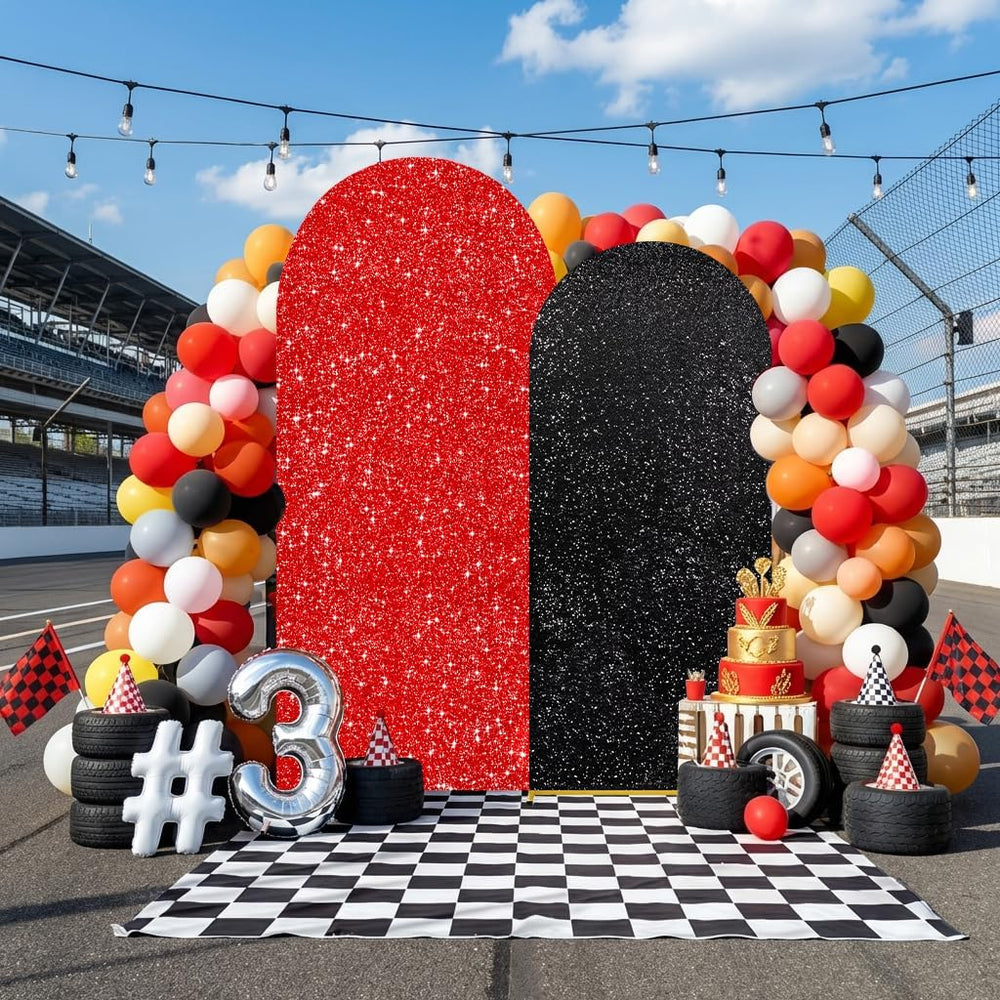Red Black Sequin Arch Backdrop Cover Set of 2 (7.2ft+6ft) Round Top Chiara Ar...
