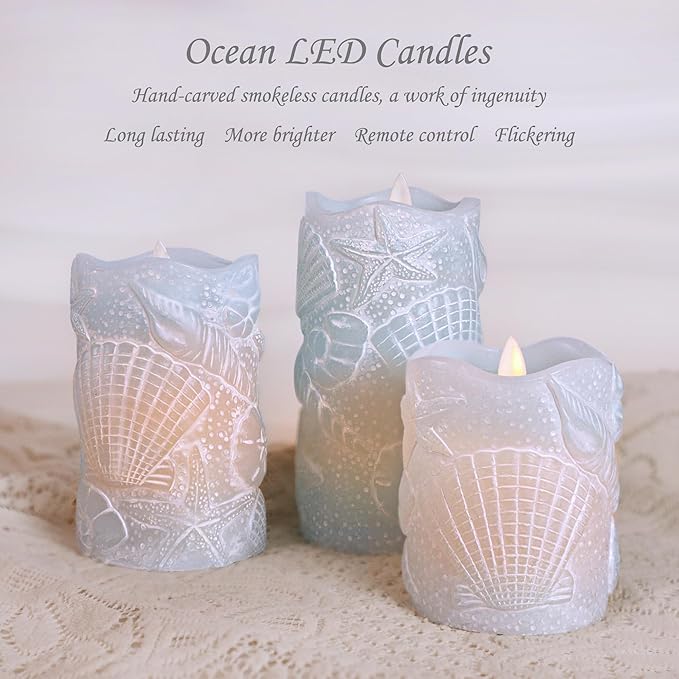 Silverstro Ocean Flameless Candles Remote Carved Seashell Real Wax Flicker Battery Operated Candles for Home Party Wedding Nautical Thanksgiving Christmas Easter Decor - Set of 3(Blue)