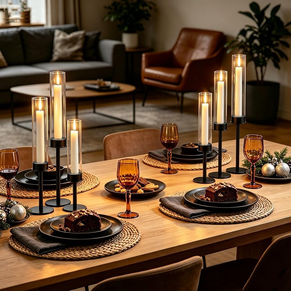Black Taper Candle Holders Set of 6, Glass Hurricane Candlestick Holders