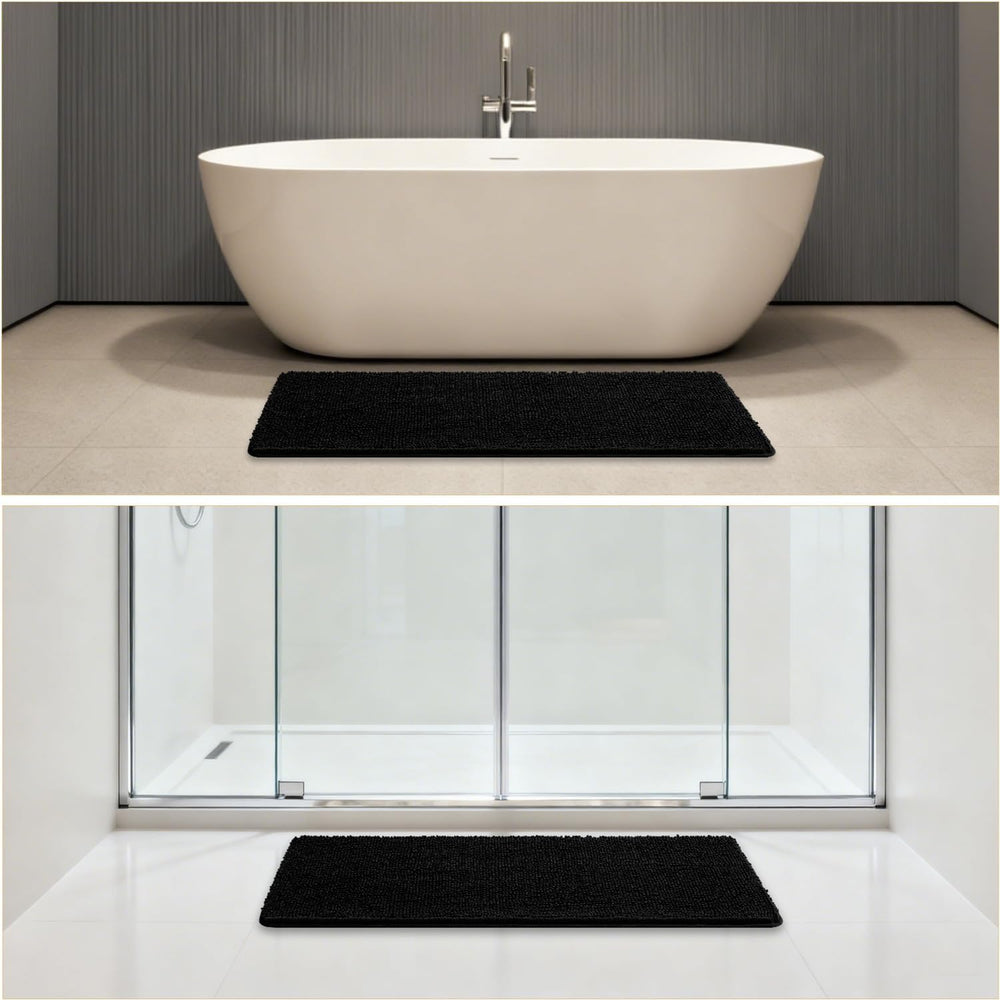 Chenille Bathroom Runner Rug 17"x47" Black, Long Bath Mat