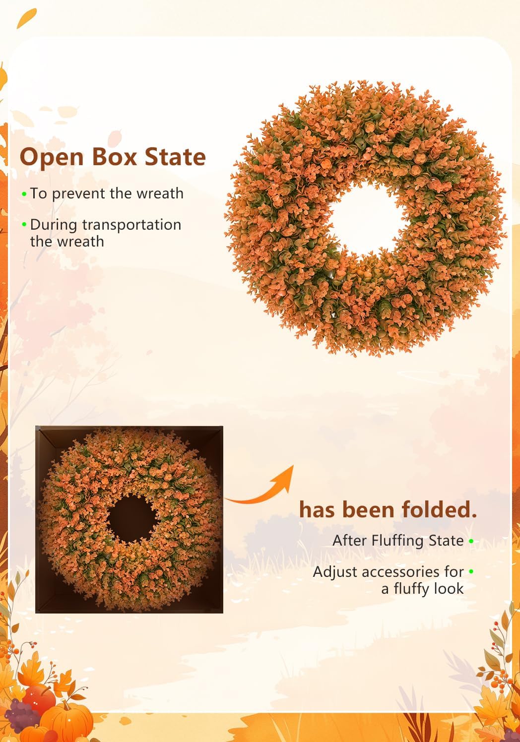 26" fall wreath for front door, outdoor autumn showing dimensions