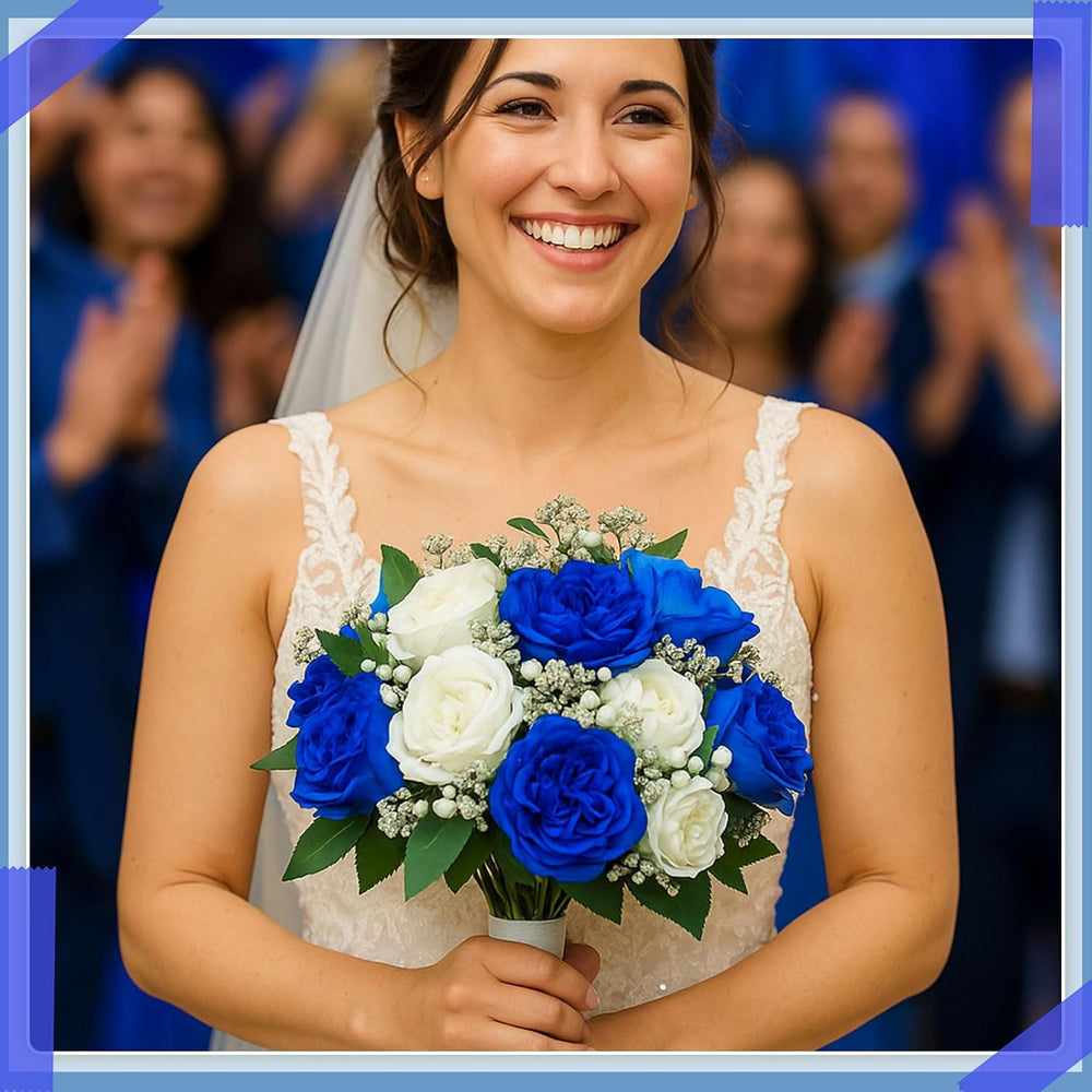 8 Bundles Artificial Peonies Flowers,Royal Blue, White