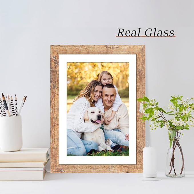 10x14 Picture Frame Set of 4 with Tempered Glass, Rustic Brown Frame Display 8x12 Pictures with Mat or 10 x 14 Without Mat, Wooden Photo Frames for Wall Mounting