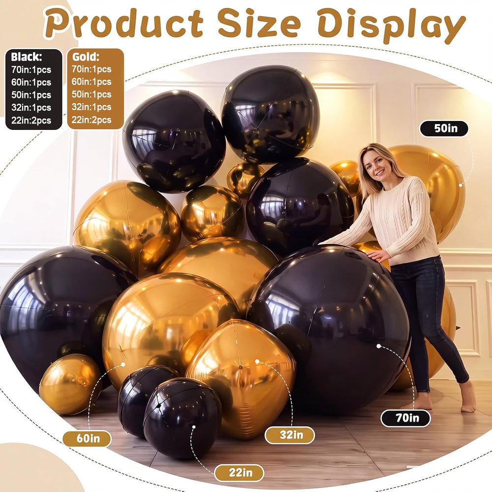 12 Pcs Giant Black Gold Metallic Party Balloons, Assorted