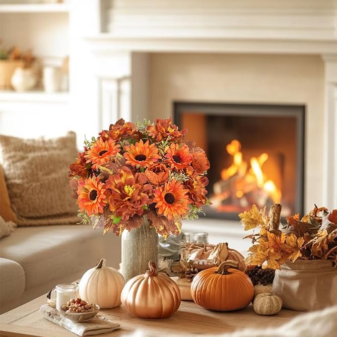 6 Pcs Fall Flowers Artificial for Decoration Silk Burnt Orange Flowers Fall Artificial Sunflowers Bouquet with Fall Leaves Stems 13 Inch Mixed Bush for Outdoor Decoration Cemetery Grave Autumn