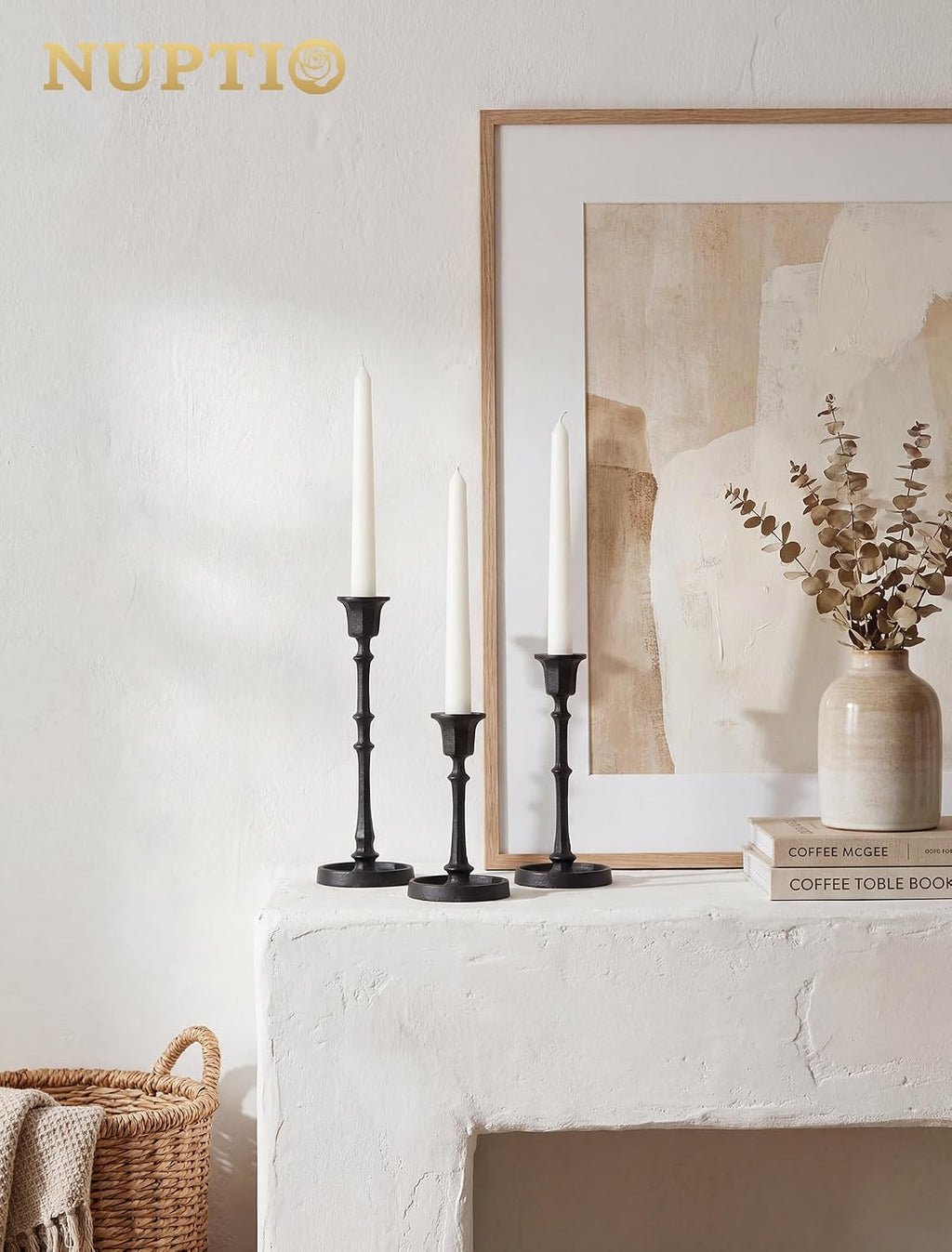 NUPTIO Black Taper Candle Holders: Set of 3 Vintage Cast Iron Candlesticks