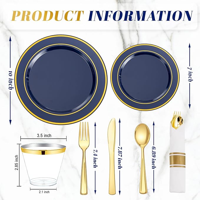 350PCS Blue and Gold Plastic Plates - Navy Blue Plastic Plates with Rolled Napkins - Include 25 Dinner Plate 10’’, 25 Dessert Plate 7’’, 25 gold Cups 9 OZ, 25 Pre Rolled Napkins for Party/Wedding