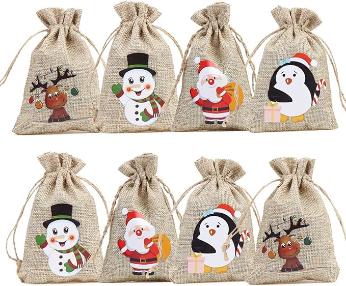 CCINEE 96pcs Christmas Burlap Gift Bags with Drawstrings Candy Goody Treat Bags with Double Jute Drawstrings 4X6 Inch