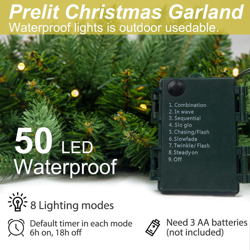 HomeKaren Christmas Garland 9 Ft by 12 Inch Prelit Fraser Fir Xmas Garland with 50 LED Lights 550 Tips, Real Like Lush and Classics Green Style for Indoor Outdoor Home Decoration
