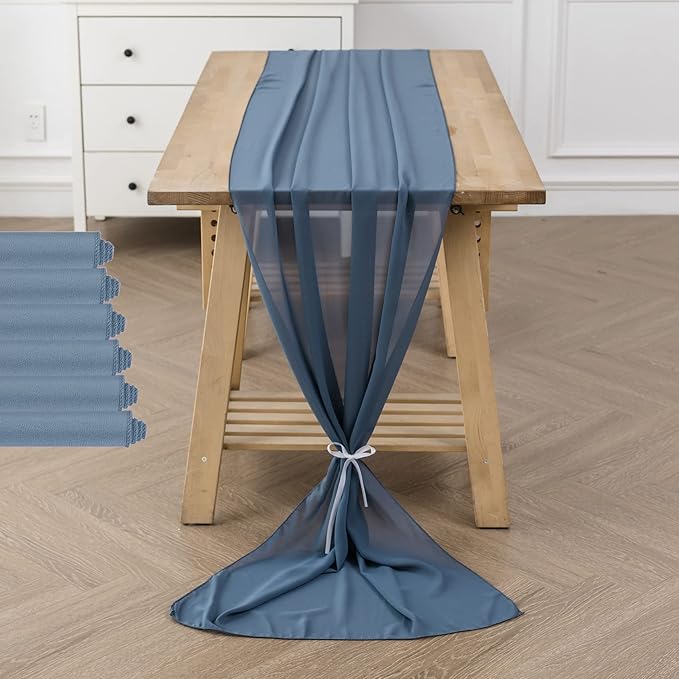 6Pack 9ft Chiffon Table Runner 14x108 Inch Sheer Romantic Table Runner for Wedding Birthday Party Bridal Shower Outdoor Decoration-Dusty Blue