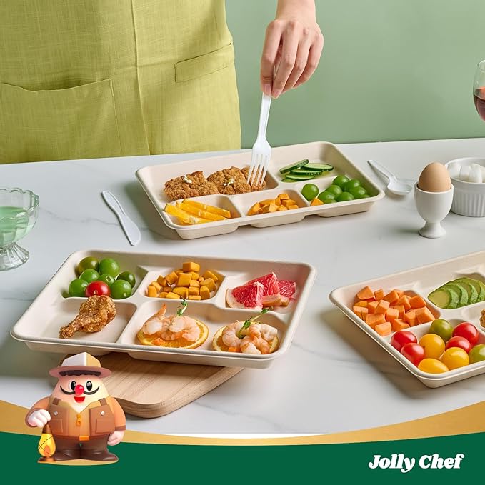 JOLLY CHEF Compostable 𝟱 Compartment Paper Plates 𝟭𝟭 * 𝟴 𝗶𝗻𝗰𝗵 [𝟱𝟬𝟬 𝗣𝗮𝗰𝗸] Heavy Duty Natural Divided Disposable Eco-Friendly Biodegradable Containers Food Trays for Dinner Lunch Buffet (500 Pack)