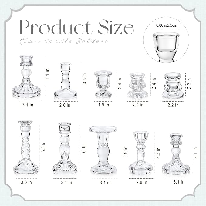 Mumufy 10 Pcs Glass Crystal Taper Candle Holders Clear Glass Candlestick Holder Fit 0.8 Inch Candles Crystal Decorative Candle Stand Centerpiece Table Wedding Dining Party (Classic,Clear)