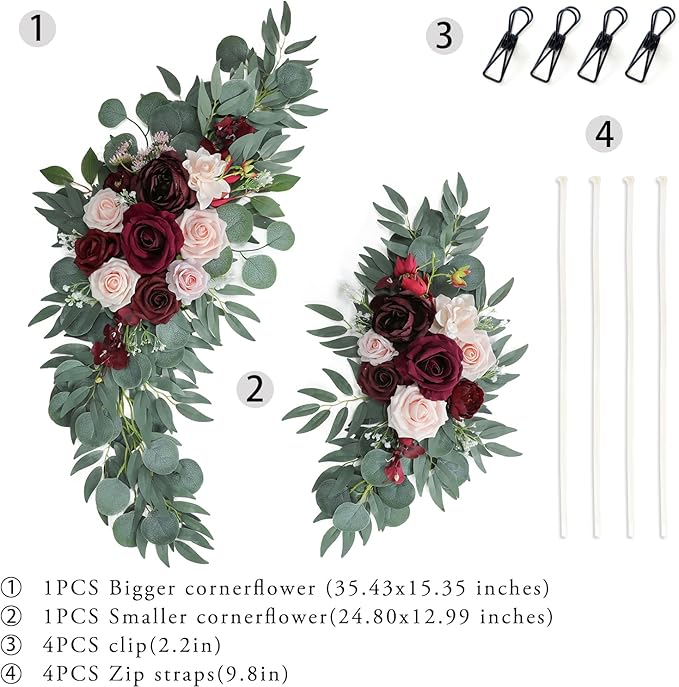 ponatia Wedding Arch Flowers (Pack of 2), Artificial Burgundy Wedding Flowers for Wedding Welcome Signs Decorations and Arch Flower for Wedding Ceremony Reception (Burgundy & Blush)