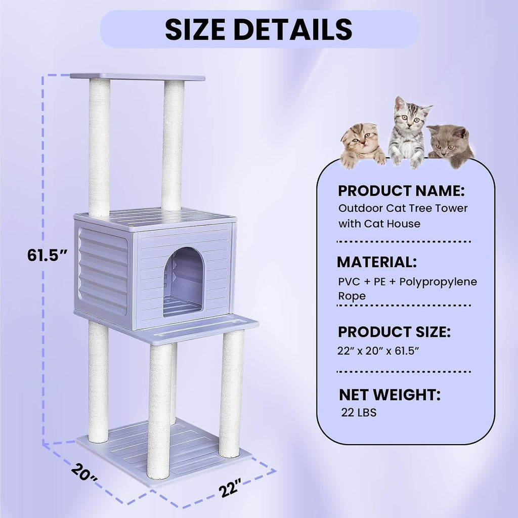 61in Weatherproof Large Cat Condo with Scratch Post for Indoor&Outdoor Cats
