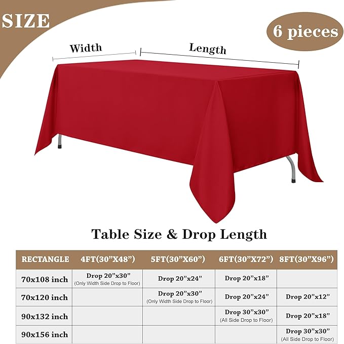 Fitable Elegant Red Rectangle Table Clothes, 6 Pack - 90 x 132 Inch - Reusable and Washable Tablecloths, Polyester Fabric Table Covers for Wedding, Party, Banquet, Formal Events