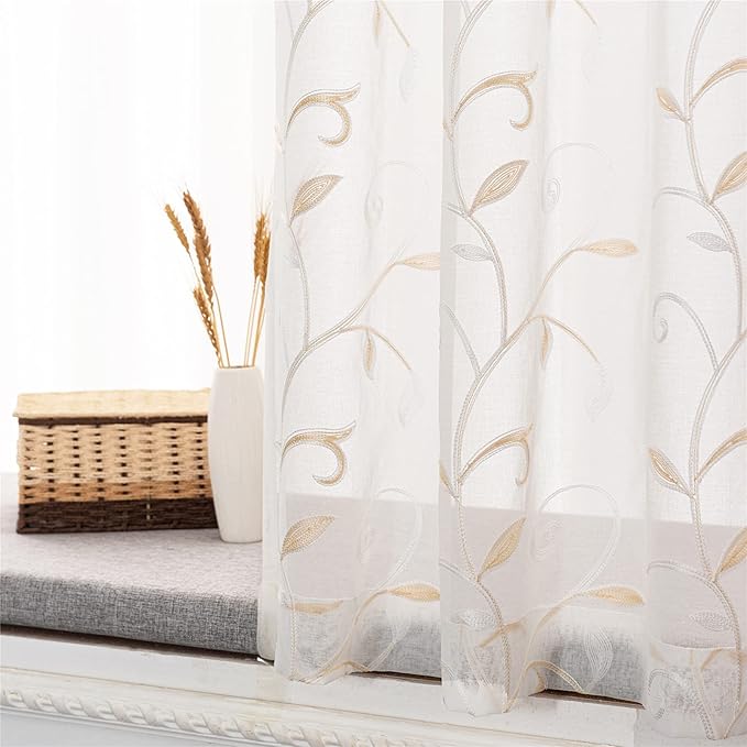 VISIONTEX White Sheer Voile Curtains, Decorative Beige Leaves Embroidery Faux Linen Rod Pocket Window Drapes for Home Kitchen, Living Room and Bedroom 54 x 84 Inch, Set of 2 Curtain Panels