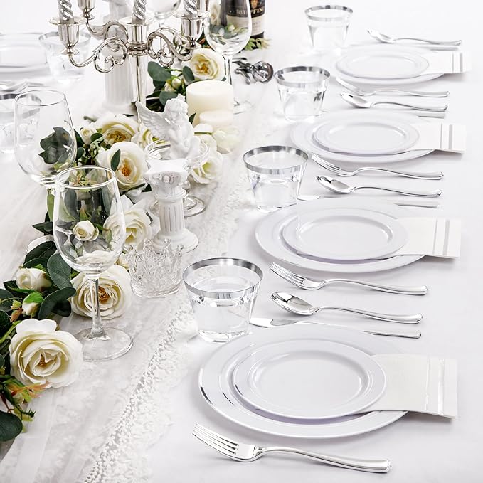 NOCCUR 700PCS Silver Plastic Plates Disposable for 100 Guests - Include 100 Dinner/Dessert White Plastic Plates with Silver Trim,300 Cutlery,100 Cups,100 Napkins for Party&Christmas