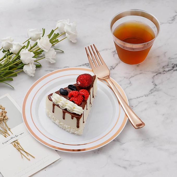 600PCS Rose Gold Plastic Plate Set (100 Guests), Plastic Plates for Party Wedding Birthday, Disposable Dinnerware Set of 200 Plates, 200 Forks, 100 Spoons, 100 Knives for Christmas