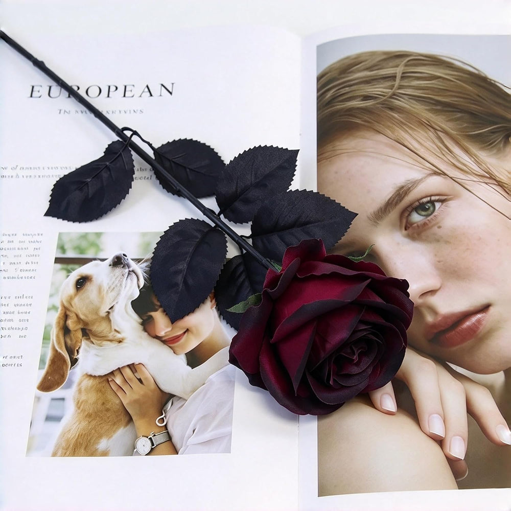DoubleWood Halloween Artificial Silk Roses, 24Pcs Black Burgundy Flowers